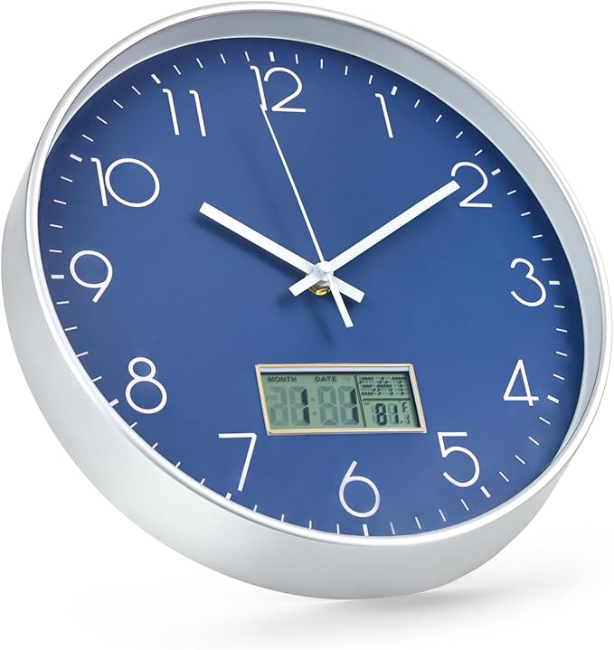 Wall Clock with LCD Display Non-Ticking Silent Quartz Movement Decor Clock with Perpetual Calendar and Temperature Modern Style Round Wall Clocks for Office/Living Room/Bedroom (Blue, 12inch)