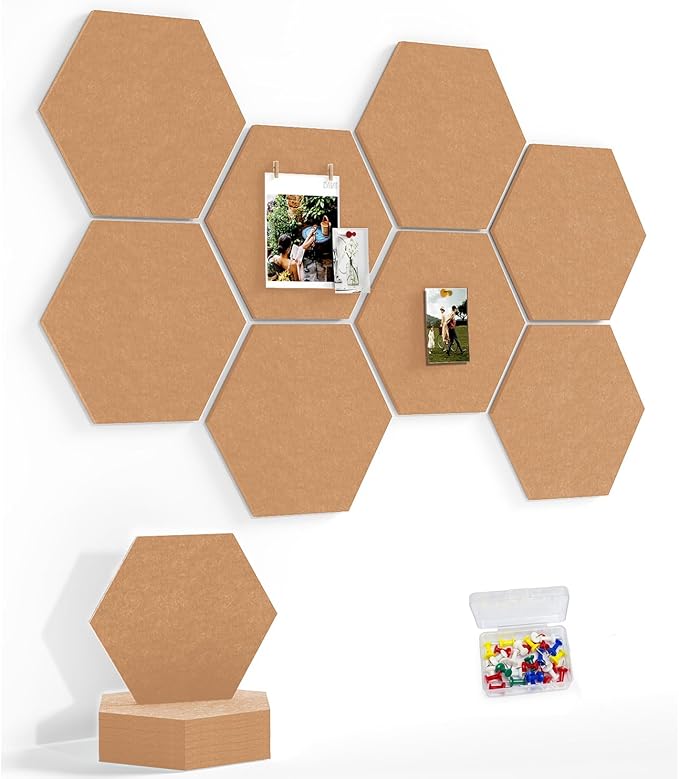 12" Large Bulletin Board with 30 Push Pins, Pack of 8 Hexagon Felt Pin Board Notice Boards for Home Office, Felt Wall Tiles for Photos Memos (Brown)