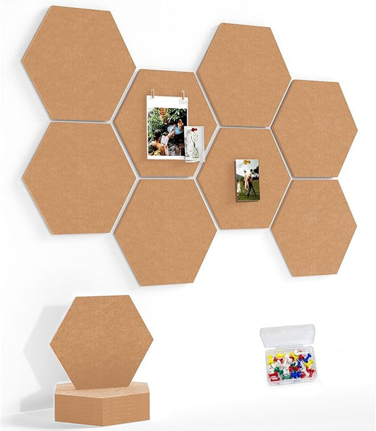 12" Large Bulletin Board with 30 Push Pins, Pack of 8 Hexagon Felt Pin Board Notice Boards for Home Office, Felt Wall Tiles for Photos Memos (Brown)