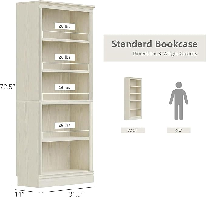JAHRSTIM Halston Standard Bookcase, Adjustable Storage Open Display Shelving Unit for Home and Office Space, 31.49”L x 13.77”W x 72.8”H, Cream
