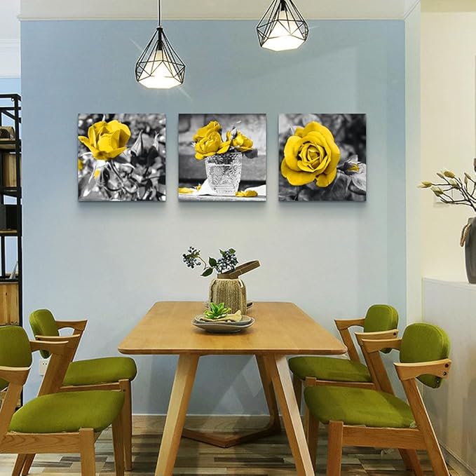 Lapremoly Wall Decor For Bedroom Canvas Wall Art For Kitchen Restaurant Black And White Wall Painting Yellow Rose Pictures Print Art Ready To Hang Girls Gift Room Modern Home Decoration 16"X16"