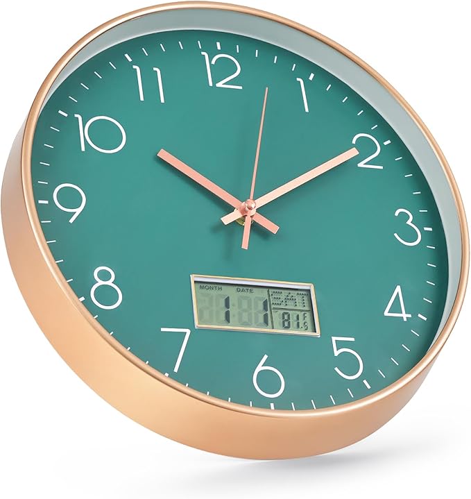 Wall Clock with LCD Display Non-Ticking Silent Quartz Movement Decor Clock with Perpetual Calendar and Temperature Modern Style Round Wall Clocks for Office/Living Room/Bedroom(Green, 12inch)