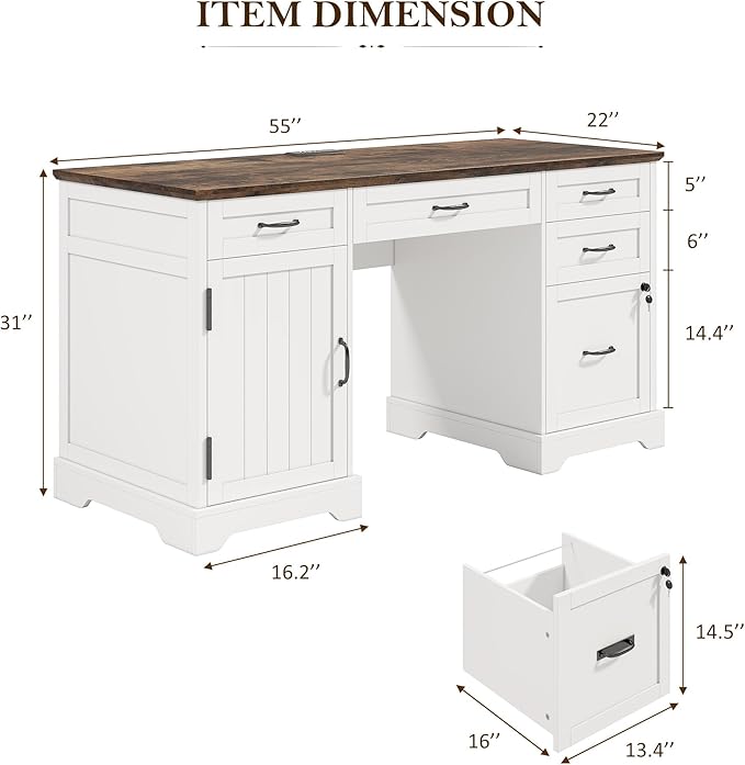 Alohappy 55'' Farmhouse Executive Desk with File Cabinet, Home Office Wood Computer Desk with Drawers and Power Outlets, White