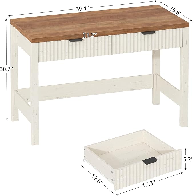 Fluted Computer Desk with 2 Drawers, 39 Inch Small Computer Desk with Storage, Compact Writing Study Vanity Desk for Small Spaces, Antique White