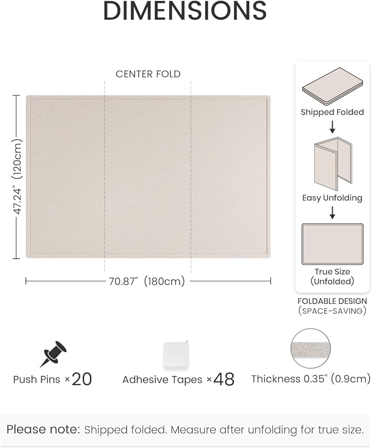 Fluxynara Large Bulletin Board, 70.8" x 47.2" Cork Board Alternative with 48 Safe Removable Adhesive Tabs, Foldable Felt Pin Board for Home Office, Classroom, Bedroom,Entryway for Walls— Oatmeal