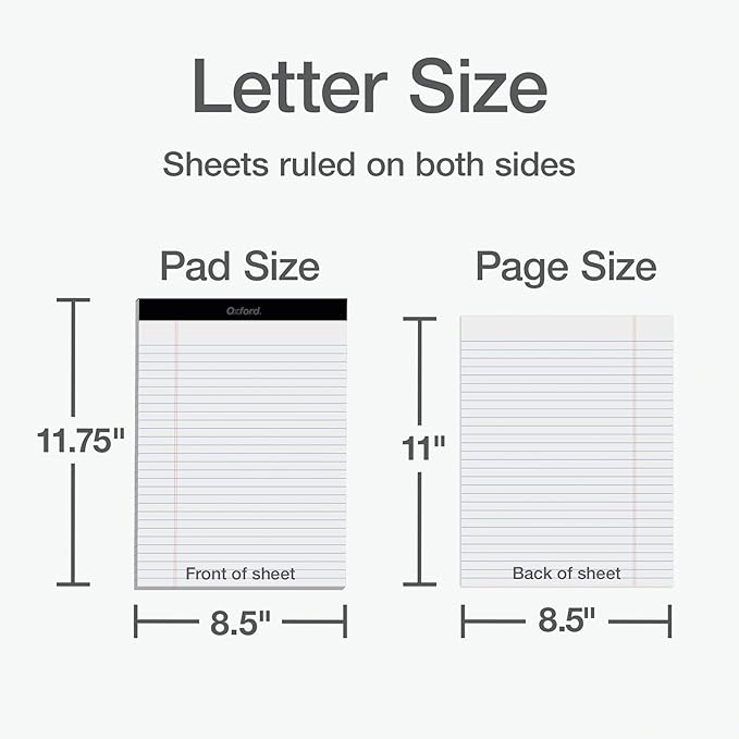 Oxford 8.5 x 11 Inch Legal Pads, 12 Pack, Wide Ruled on Both Sides, White Lined Paper, 50 Perforated Sheets per Pad, Made in the USA (74030)
