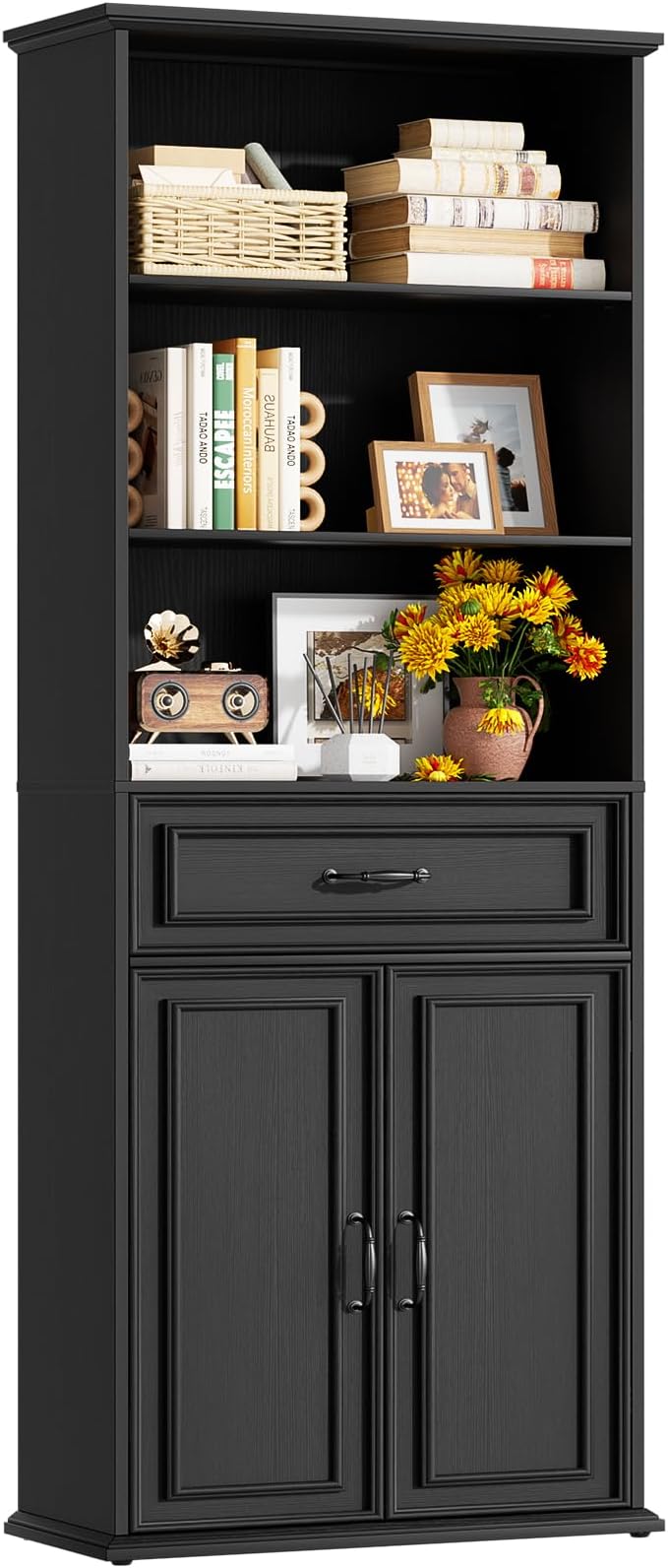 Cyclysio 80" Tall Bookcase, Farmhouse Bookshelves with Drawer and Doors, Floor Standing 6 Shelf Display Storage Cabinet for Home Office, Living Room (1, Black)