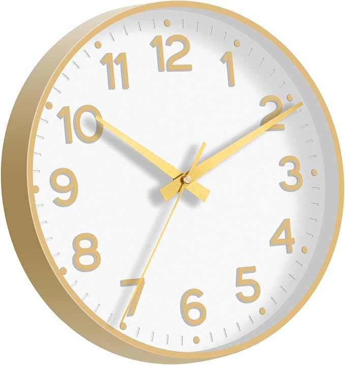 Wall Clock 12 Inch Silent Wall Clocks Battery Operated-Modern Non Ticking Analog Clock Decorative for Kitchen Bedroom Office (White Gold)