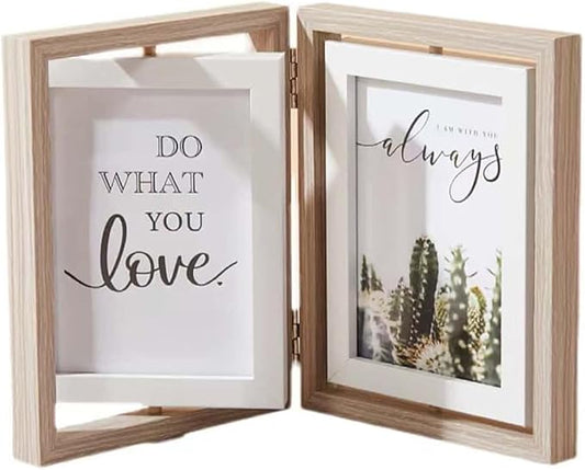 Wooden Hinged Double floating rotating Picture Frame for Photos, 4 * 6 5 * 7 vertical photo Natural Finish (wood color, 5 * 7in)