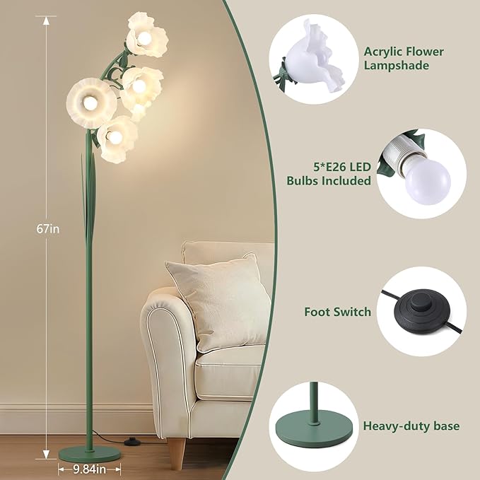 5 Light Flower Floor Lamp for Living Room,3CCT LED Arc Floor Lamp with Foot Switch,Floral Standing Lamp for Bedroom with Acrylic Shades,Tall Lamp for Girls & Women Bedroom Decor(Bulbs Included)