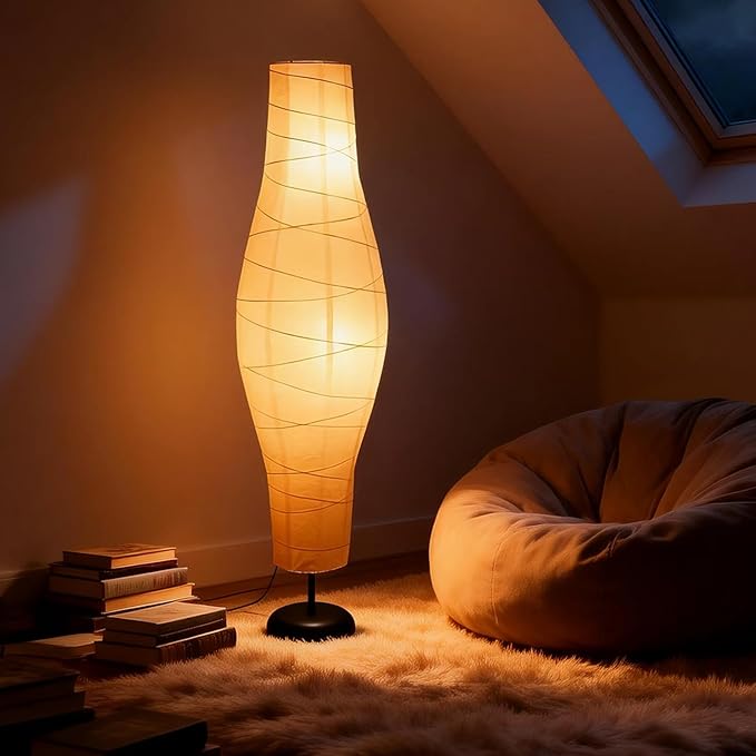 XENOID Paper Floor Lamp, Rice Paper Standing Floor Lamp with Soft Warm Ambient Light, Tall Minimalist Lamp for Living Room Bedroom Home Decor (Bulbs Included)
