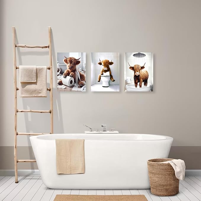 Westen Bathroom Decor Wall Art Framed,Funny Highland Cow Wall Art,Western Bathroom Decor Sign,Farmhouse Cow Pictures for Bedroom Office Restroom,12"x16",Framed
