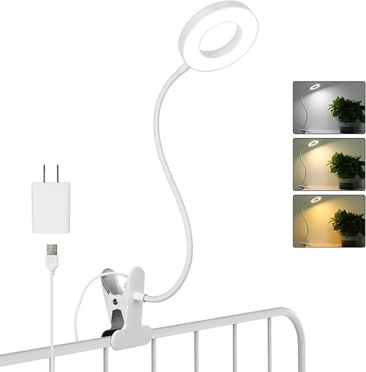 Desk Clip on Lamp for Reading Home Office, with 5V 2A Adapter, 10 Dimmable Brightness 3 Modes, Clamp Reading Light for Bed Headboard, Craft (White)…
