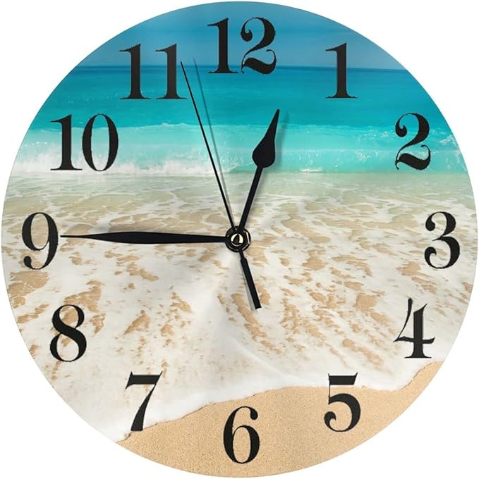 Ocean Beach Summer Theme Wall Clock Battery Operated Silent Round Clock Wall Decor for Home Office School, 12 Inch