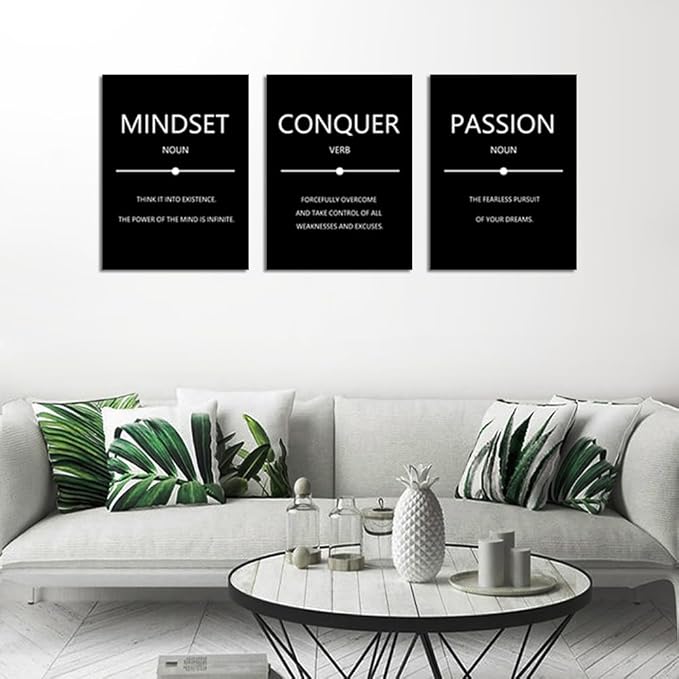 Unbruvo Motivational Wall Decor for Office, 3 Pieces Inspirational Canvas Wall Art, Mindset Passion Conquer Canvas Poster, Positive Quotes for Entrepreneur Meeting Room Lobby Bedroom(72''Wx 36''H)