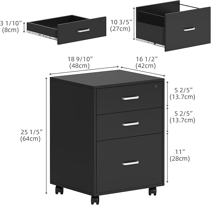 Need 3 Drawer Wood Mobile File Cabinet with Lock,Rolling Filing Cabinet for Letter/A4 Size for Home Office, Black