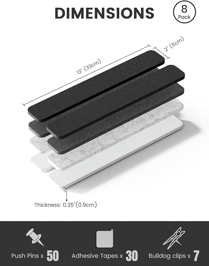 Fluxynara Cork Board Alternative Felt Strip Board 8-Pack 13"x2", Office Pin Board with 50 Push Pins, Adhesive Install for Bedroom Door & Home Office(Concrete Echo)
