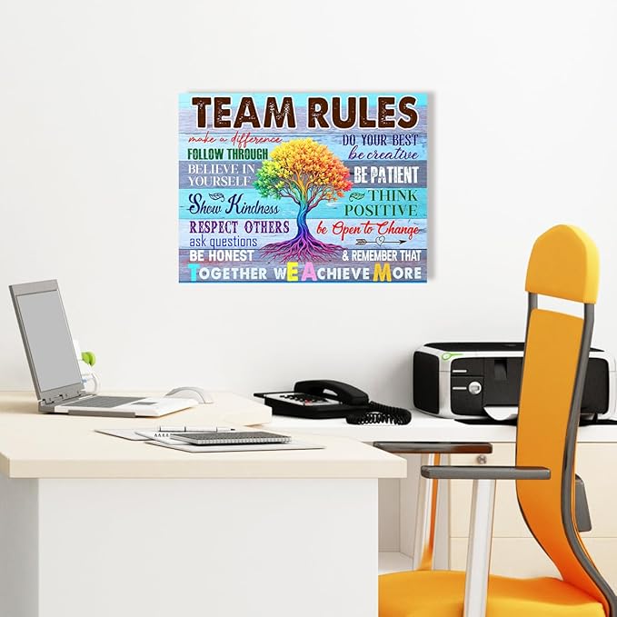 Team Rules Wall Decor,Positive Teamwork Quote Wall Art Canvas Framed for Home Office Wall Decor 12 x 15 in