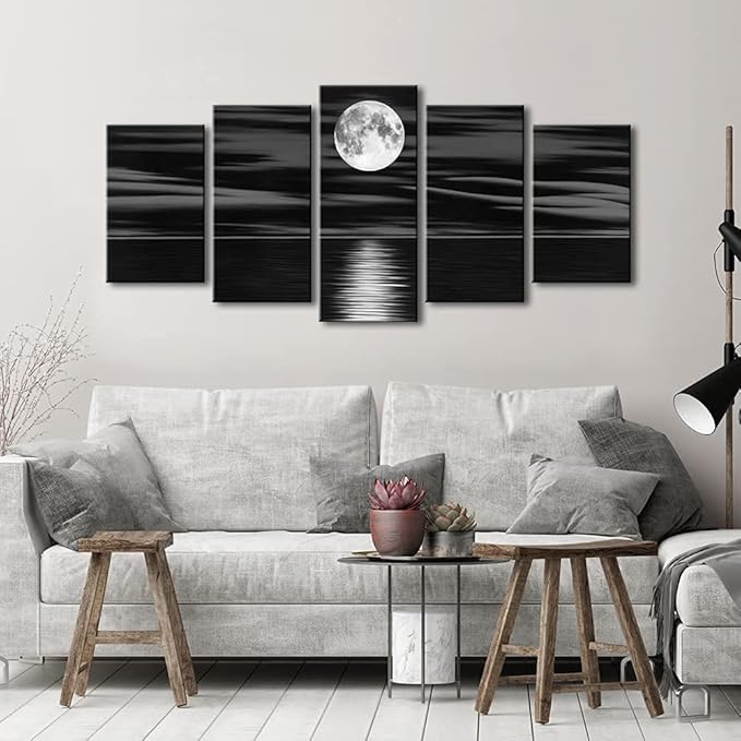 Wieco Art Sea White Full Moon in Night Canvas Print Wall Art Black and White Ocean Beach for Living Room Bedroom Kitchen Home Decorations 5 Piece Modern Abstract Artwork