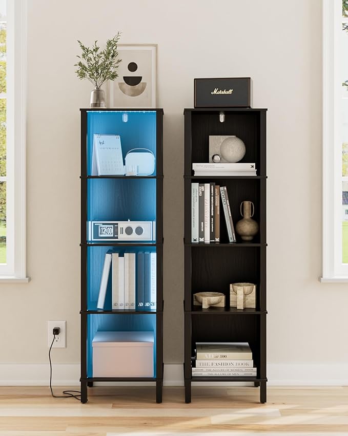 Bookshelf with LED Lights, Modern 4-Tier Bookcase, Open Storage Book Shelf, 11 × 14.2 × 50.4 Inches, Small Narrow Bookshelves for Living Room, Home Office, Bedroom, Black
