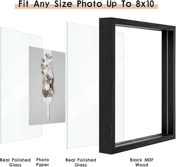 MUYE 8x10 Floating Frames Set of 2,Double Glass Picture Frame Display Any Size Photo up to 8x10,Wall Mount or Tabletop Standing,Black