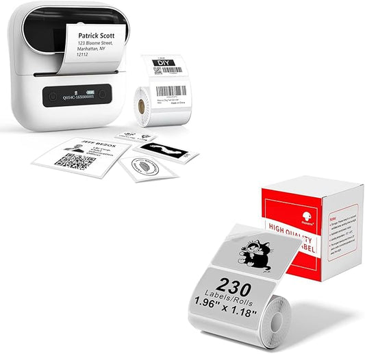 Phomemo M220 Label Maker White & 1 Roll Transparent Thermal Label 1.96"x1.18"(50x30mm), Upgrade 3 Inch Barcode Portable Printer, for Office & Small Business, Compatible with Phones&PC