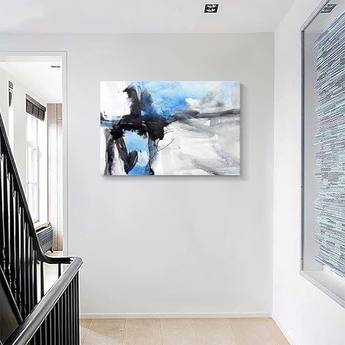 Large Abstract Canvas Wall Art Modern Aquarelle Art Paintings Black and Blue Fantasy Colorful Graffiti on White Background Minimalist Artwork Decor for Living Room Bedroom Corridor Framed 36x24in