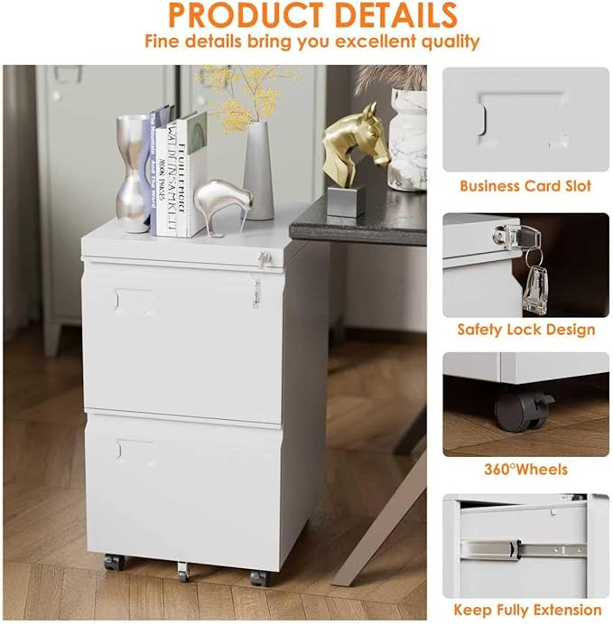 File Cabinet 2 Drawer, Locking Filing Cabinet with Business Card Slot for Letter/Legal/F4/A4 Size Folders,Required Assembly,14.57" W x 17.36" D x 25.79" H,White