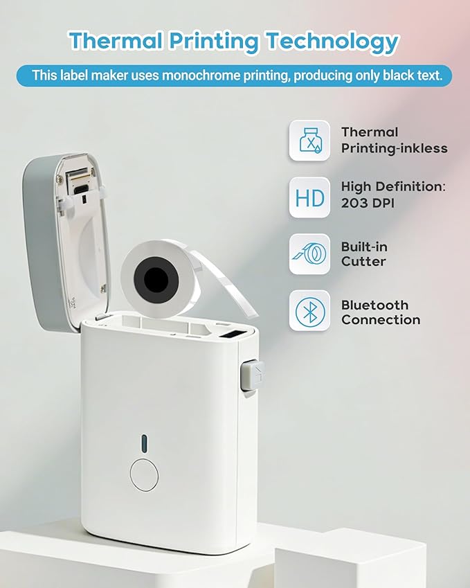 ORGBRO Label Maker Machine with Tape, DX1 Portable Bluetooth Label Printer for Home Office Organization, Support Pre-Cut & Continuous Labels, Inkless Thermal Small Labeler for School Kitchen, White