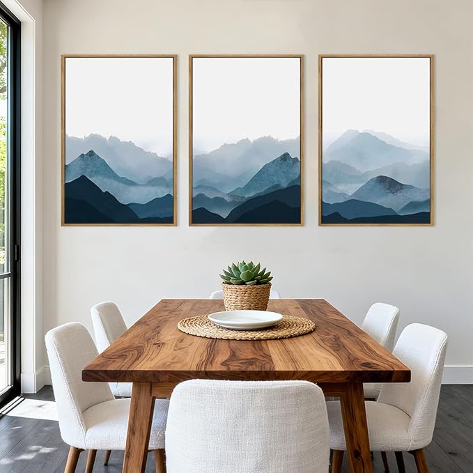 BINCUE Large Blue Mountain Wall Art Blue Minimalist Wall Decor Fog Blue Ridge Mountains Artwork 24x36 Inches Minimalist Landscape Paintings Framed Mountains Art Large Landscape Artwork for Living Room Bedroom Office Set of 3