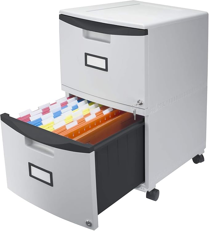 Storex Plastic Two-Drawer File Cabinet – Locking Document Organizer with Casters for Home and Office, Gray, 1-Pack (61311C01C)