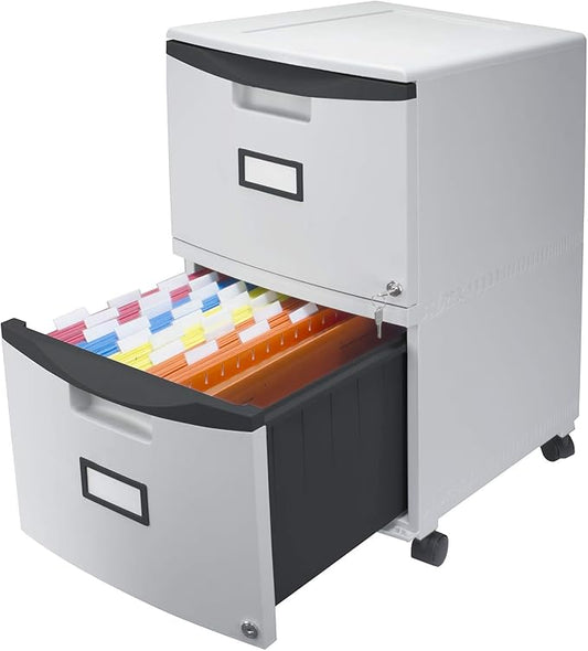 Storex Plastic Two-Drawer File Cabinet – Locking Document Organizer with Casters for Home and Office, Gray, 1-Pack (61311C01C)