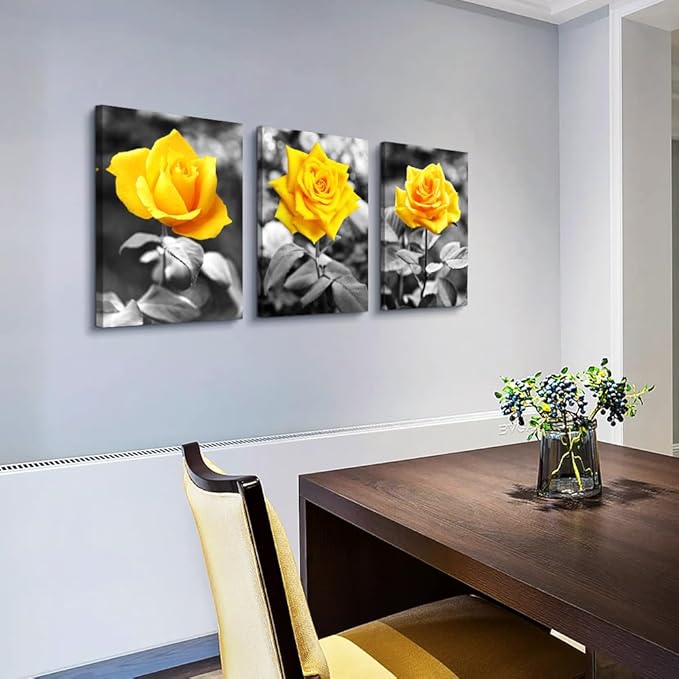 Lapremoly Black And White Wall Paintings Canvas Wall Art For Bedroom Wall Decor For Kitchen Living Room Office Decorations Yellow Rose Flowers Pictures Modern Room Home Walls Artwork Decor 3 Piece
