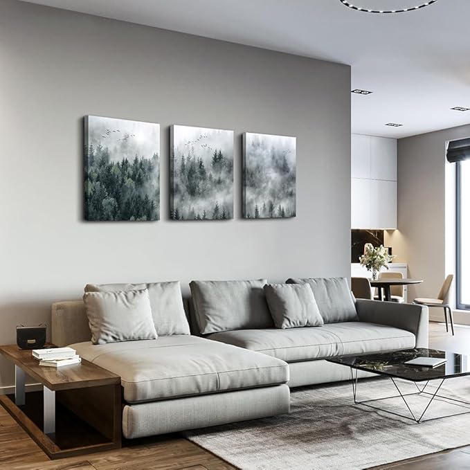 MHARTK66 Canvas Wall Art for Living Room - Modern Decorations for Bedroom, Foggy Forest Trees Landscape Painting - Office Decor Ready to Hang, Framed Pictures, 12x16 3 Panels