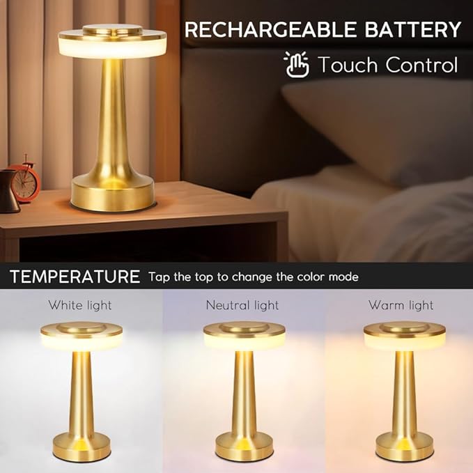 Cordless Metal Desk Lamp, Touch Sensor Control LED Table lamp,3 Color Stepless Dimmable Battery Powered Lamp for Living Room, Dorm, Home Office(Light Gold)