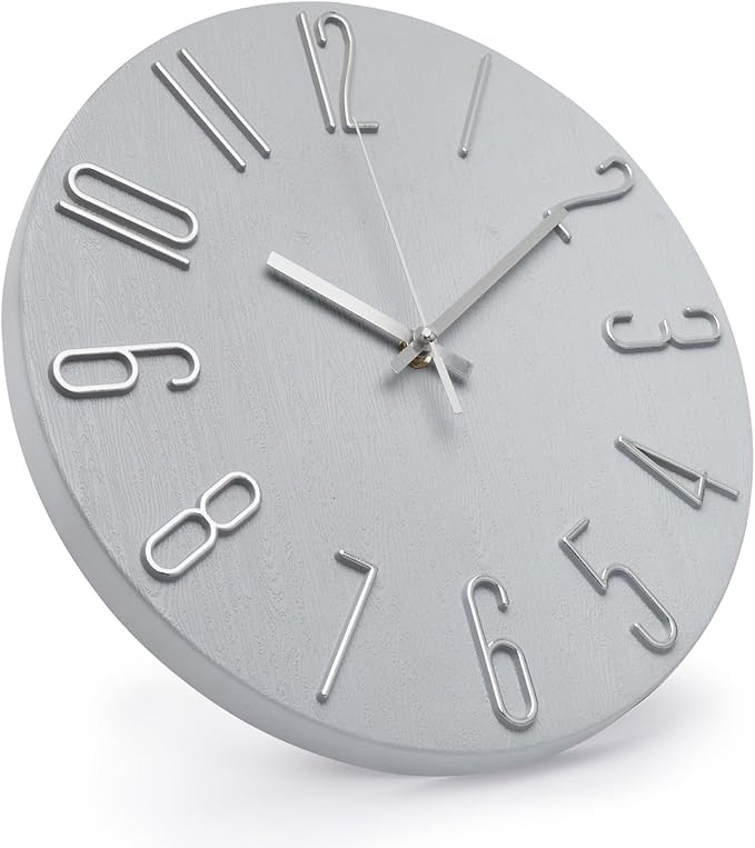 Wall Clock 12 Inch Silent Non-Ticking Imitation Wood Indoor Clock Round Gray Blue Decor Clock Modern 3D Figures Quartz Wall Clocks for Home, Hotel, Office, School