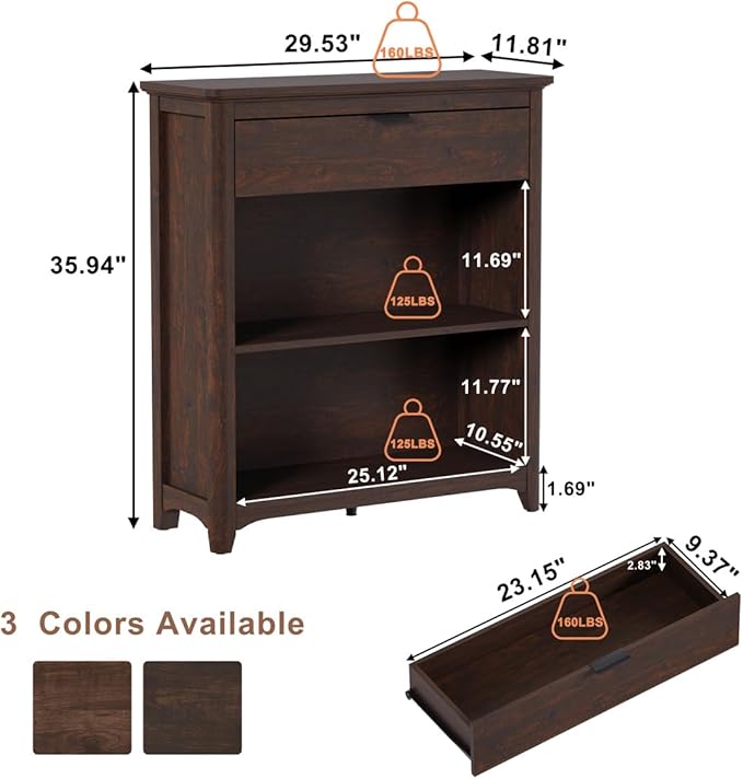 BON AUGURE Bookcase with Drawer, Open Storage Book Cases/Shelves, Floor Standing 3 Shelf Bookshelf for Farmhouse Living Room, Library Office, Bedroom, Kids (Brown Cherry)