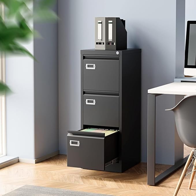 Black 3 Drawer File Cabinet,Metal Filing Cabinets with Lock,Office File Storage Cabinet for A4/Letter/Legal Size File(Assembly Required)