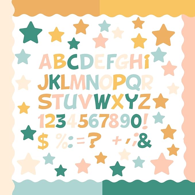 Containlol 188 Pcs Bulletin Board Borders Letters Stars Cutouts Set Include 59ft Poster Board Trims, Alphabet Letter Star Number Punctuation for Classroom(Modern Boho Color)