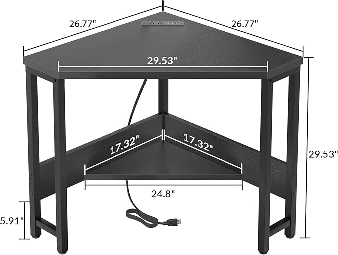 Armocity Corner Desk Small Desk with Outlets Corner Table for Small Space, Computer Desk with USB Ports Triangle Desk with Storage for Home Office, Workstation, Living Room, Bedroom, Black