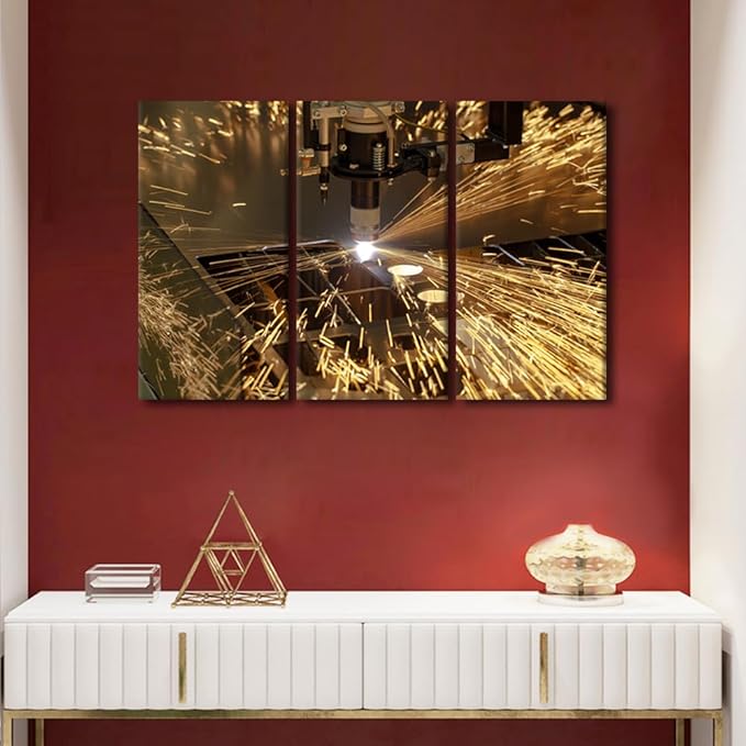 Framed Wall Art Prints Plasma Cutting Pictures Canvas Prints Art Work for Walls Multi-panels Wall Art Metalwork Industry Machine Canvas Art Wall Decor for Bedroom Living Room, 42x28 Inch