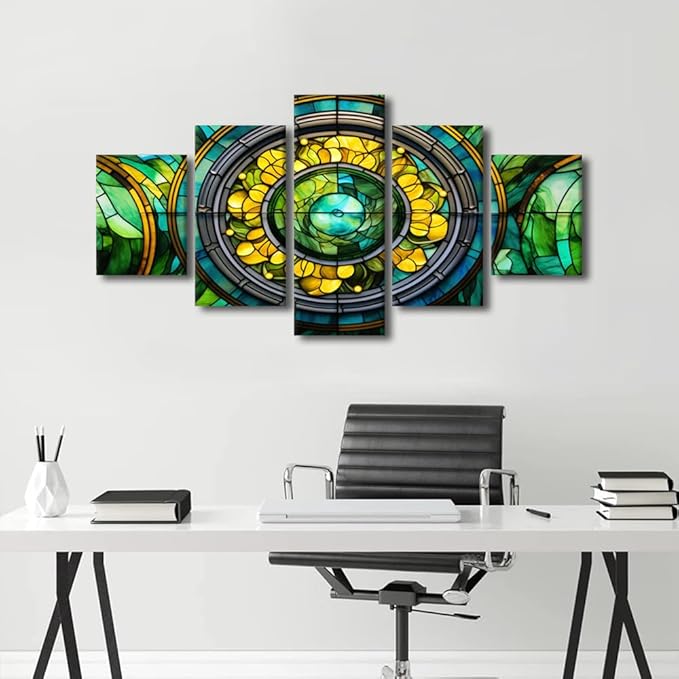 Canvas Wall Art for Men Green Yellow Brown Blue Stained Glass Poster Prints 5 Panel Canvas Art Printing for Men Bedroom Office Home Wall Decor Stretched and Framed Ready to Hang 60x32 in