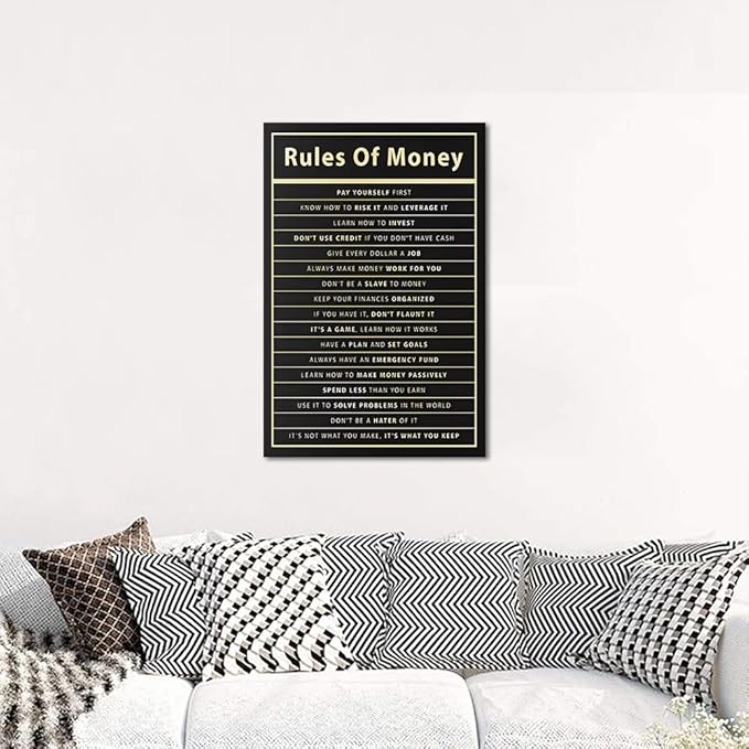 Rules Of Money Motivational Wall Art Canvas Print Office Decor Financial Poster Entrepreneur Millionaire Inspirational Quote Framed Easy to Hang-24 inch x 36 inch
