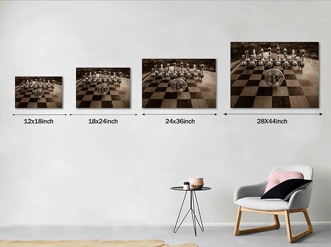 Golden Chess and Bitcoin Canvas Wall Art Motivational Life Quote Game Bitcoin Wall Art Poster Canvas Posters and Prints Pictures Chess Office Wall Decor, Framed 24x18 inch