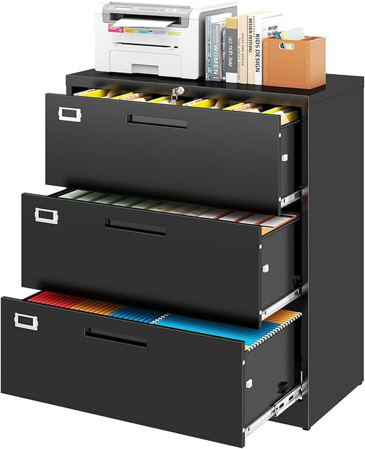 Metal 3 Drawer Lateral File Cabinet with Lock, Wide&Deep Black Filing Cabinet for Letter/Legal/F4/A4 Hanging Files, Includes Business Card Holder, Home Office School Storage