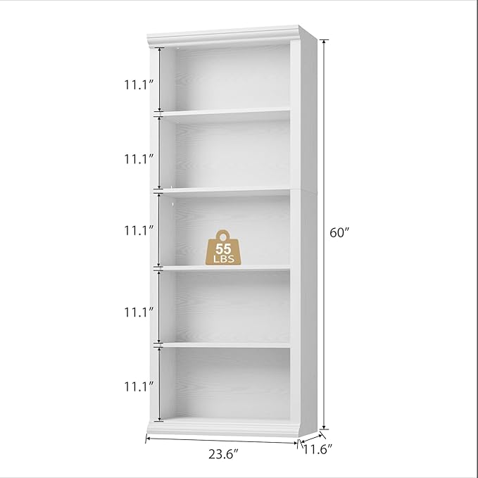 Rresyet 5 Tier Bookshelf and Bookcase, Tall Modern Bookcase with Storage Shelves, Sturdy Open Display Shelf for Living Room, Bedroom, Home Office, Dining Room Decor, White