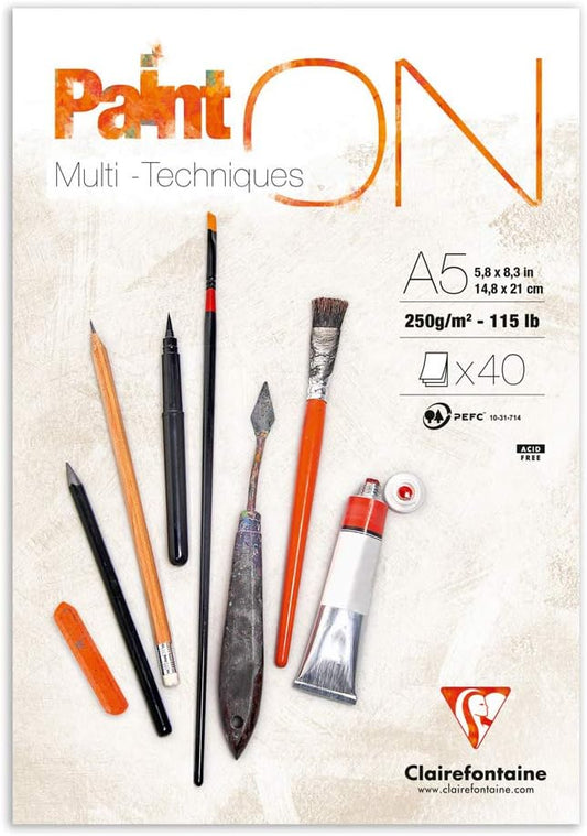 Clairefontaine - Ref 96538C - Paint'ON Multi-Technique Glued Paper Pad (40 Sheets) - A5 Size, 250gsm Heavyweight Paper, Natural Coloured Paper, Acid Free, pH Neutral