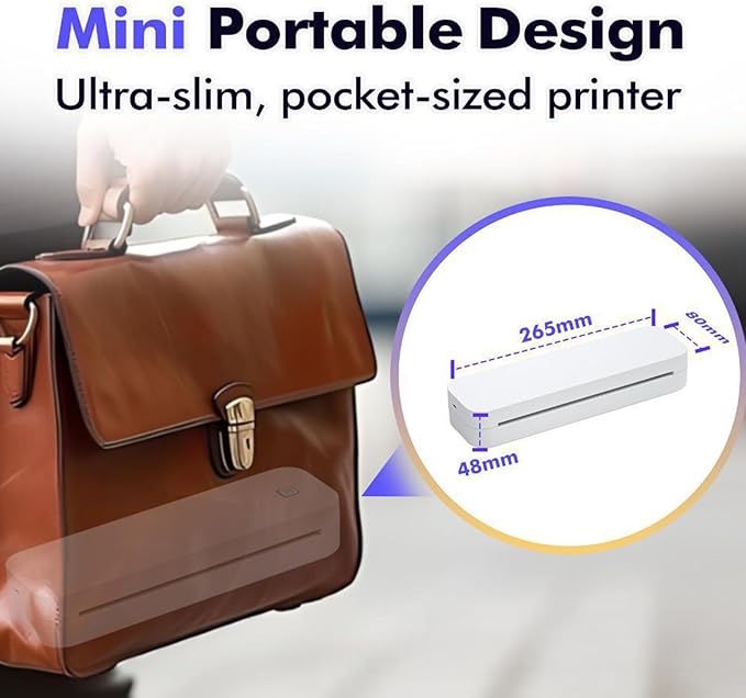 Inkless Printer, A4 Portable Thermal Printer, Compatible with iPhone Phone Laptop, Printing Speed 10mm/s & 304 DPI Clear, Support Thermal Paper, for Home/Outside Office Receipt