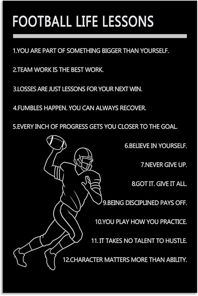 WYJDFART “Football Life Lessons” Wall Art Motivational Quotes Poster Inspirational Football Player Canvas Print for Home Boys Bedroom Gym Locker Room Decor Framed Ready to Hang [12" W X 18" H]
