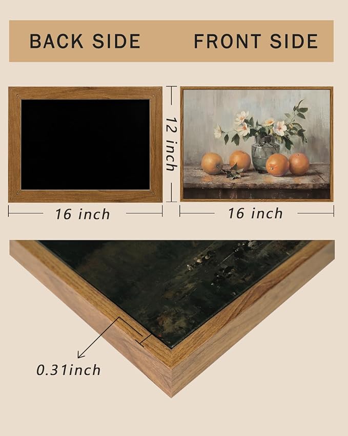 ARPEOTCY Framed Canvas Wall Art, Farmhouse Vintage Wall Decor, Oranges Still Life Painting for Country Kitchen Bedroom Shelf, Rustic Cottagecore Pictures Decorations, 12x16inch